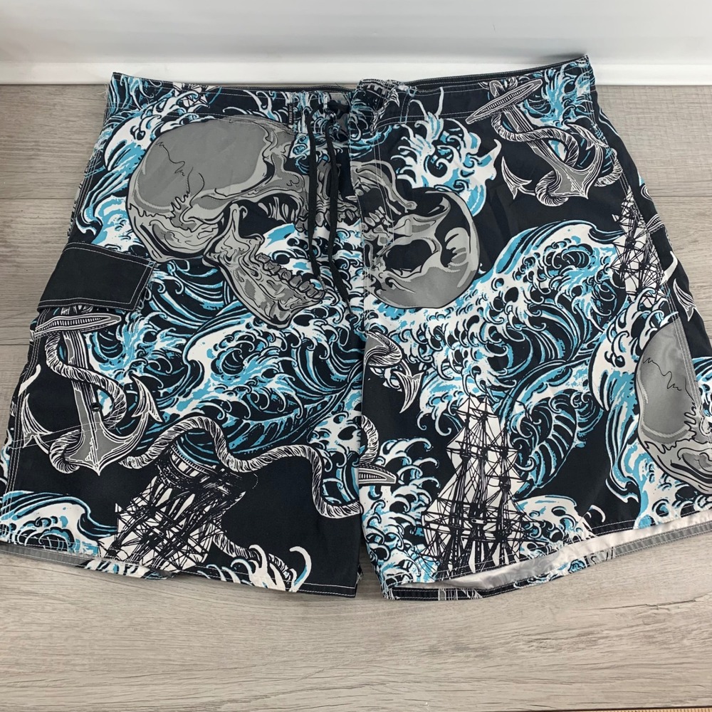 Joe Boxer Mens Skull Anchor Wave Print Board Shorts Black Blue Size 44